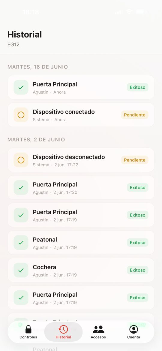 Pantalla de Historial de la app Sésamo con aperturas registradas